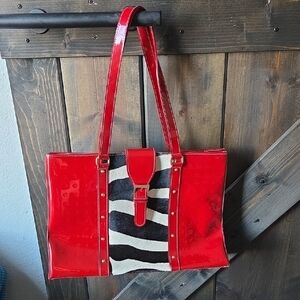 Arcadia Red Patent Shoulder Bag Purse Black & White Zebra Panel